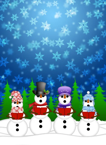 Carolers de boneco de neve cantando com ilustração de cena de neve de inverno — Fotografia de Stock