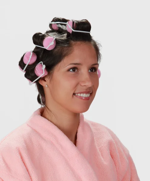 Woman with hair curlers — Stock Photo, Image