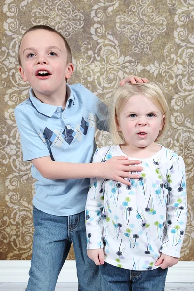 Ładny mały brat i siostra na studio tło — Zdjęcie stockowe