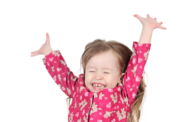 Очаровательная маленькая девочка изолирована Прыжки в воздухе на белом фоне — стоковое фото