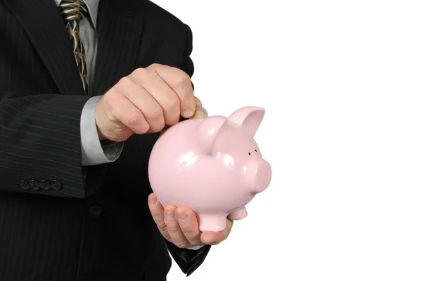 stock image Business Man Holding Piggy Bank