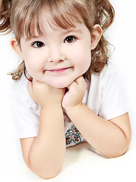 Αξιολάτρευτο κοριτσάκι απομονωθεί σε λευκό φόντο — Φωτογραφία Αρχείου