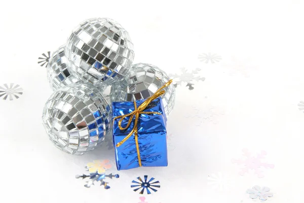 Sliver Glass Christmas Ornament with Blue Gift — Stock Photo, Image