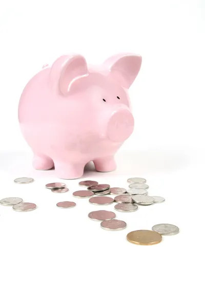 동전을 가진 분홍 돼지 은행 — 스톡 사진