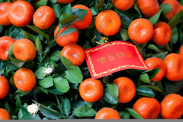Decoración de Año Nuevo Chino - Tarjeta de felicitación roja en mandarinas tr — Foto de Stock