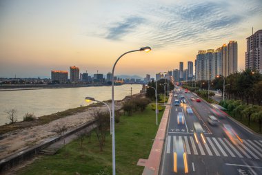 Twilight view of traffic jam on city clipart