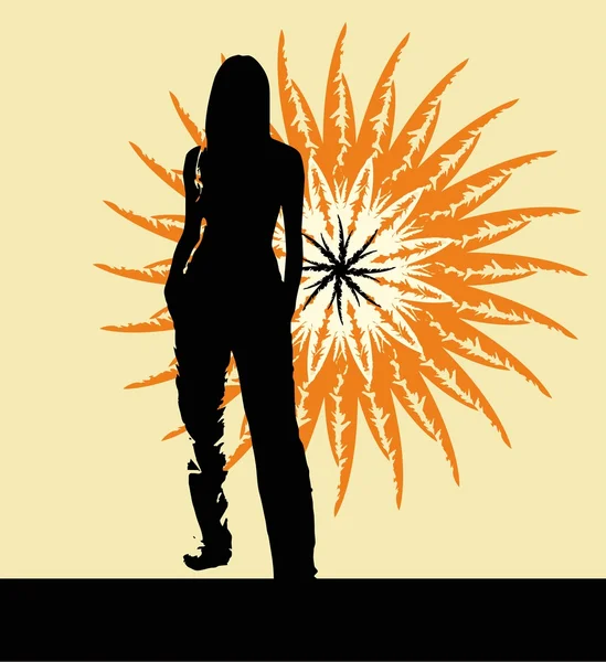 Silhouette de la fille debout sur un fond de soleil — Image vectorielle