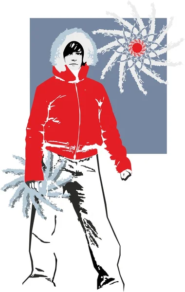 运动女孩在白色背景上红色温暖外套 — 图库矢量图片