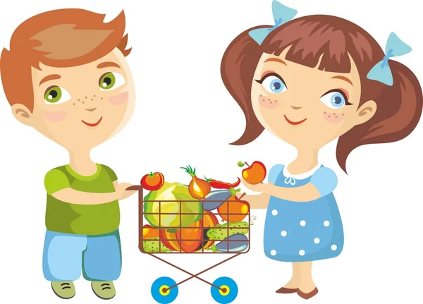 Gyermekek vásárlás zöldségek elkülönített — Stock Vector