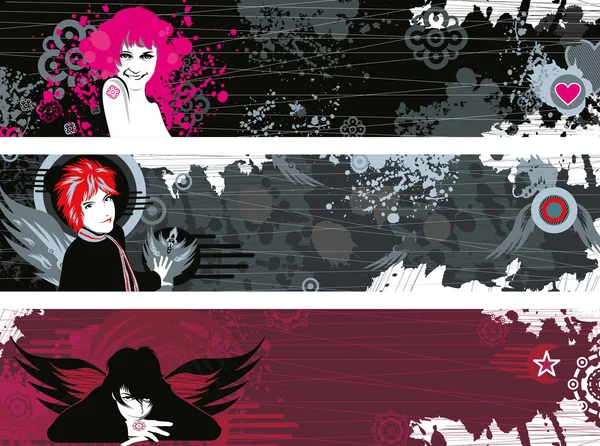 Grunge banners set with girl faces — Stock Vector