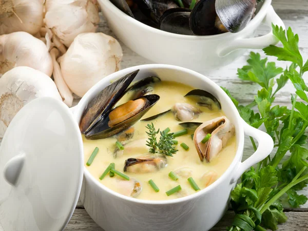 stock image Mussel soup with saffron and cream sauce