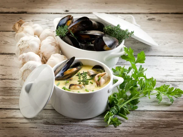 Mussel soup with saffron and cream sauce — Stock Photo, Image