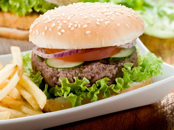 Panino con hamburger e patate fritte — Foto Stock