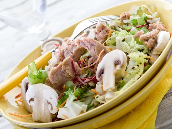 Шовковистий змішаний салат з тунцем та грибами — стокове фото