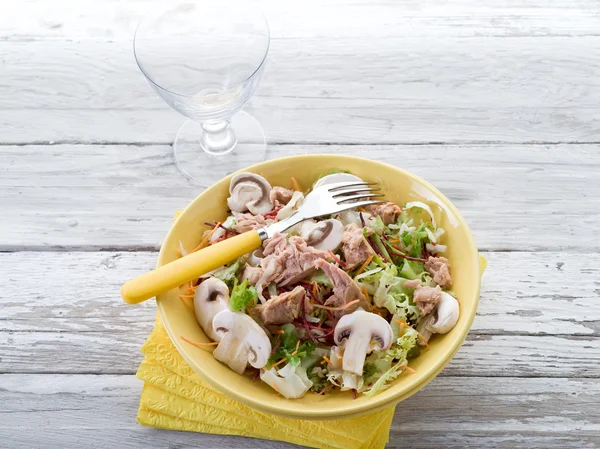 Шовковистий змішаний салат з тунцем та грибами — стокове фото