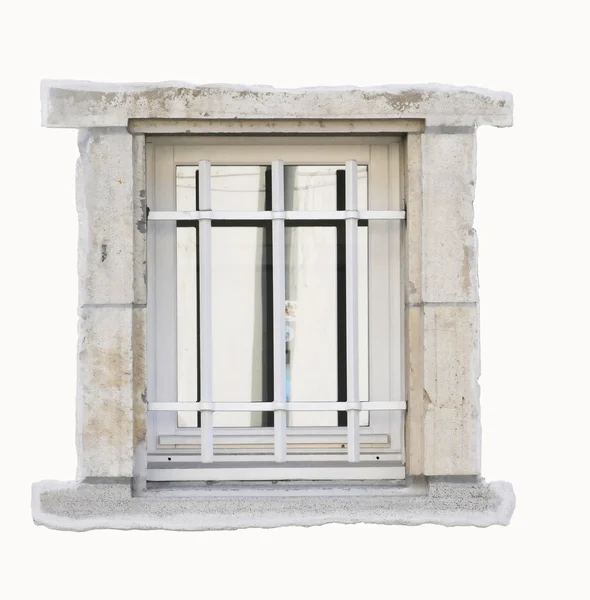 Pequena janela com barras brancas e pedra clara — Fotografia de Stock