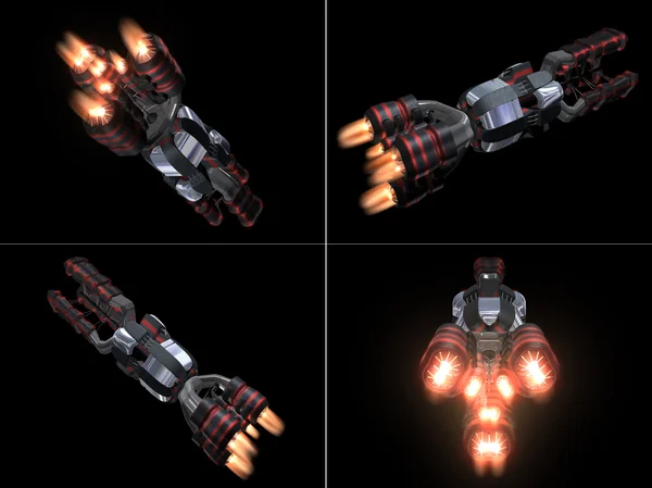 Cztery widoki tył czarny i czerwony statek kosmiczny — Zdjęcie stockowe