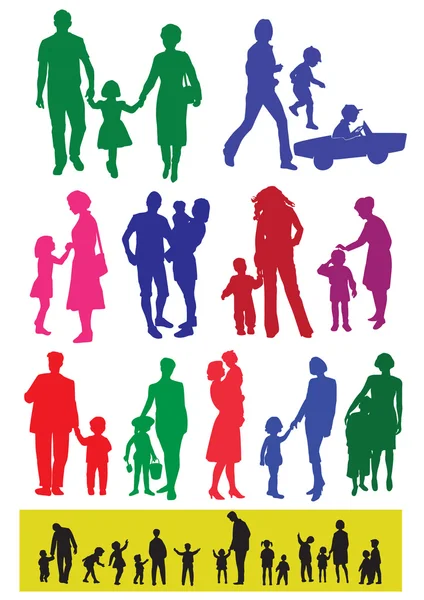 Silhouette di genitori con bambini — Vettoriale Stock