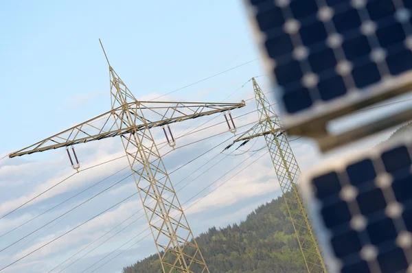 Solar Panel With High Voltage Tower — Stock Photo, Image
