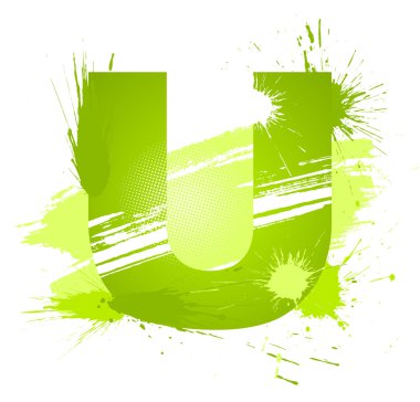 Green abstract paint splashes font. Letter U clipart