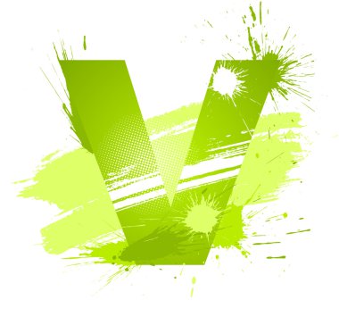 Green abstract paint splashes font. Letter V clipart