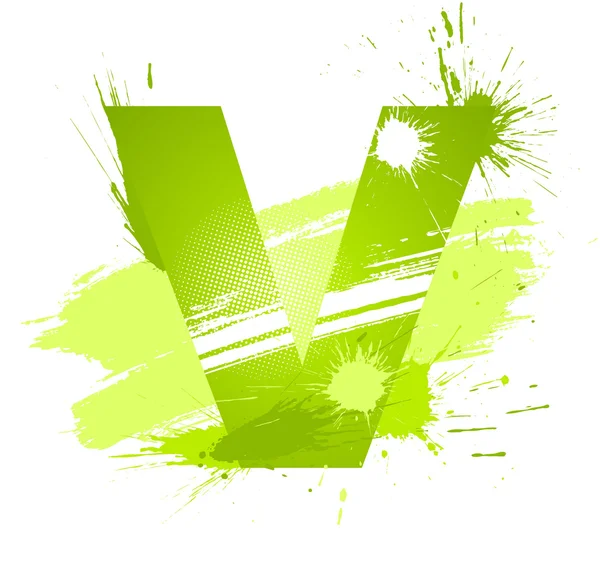 Verde pintura abstracta salpica fuente. Letra V — Vector de stock