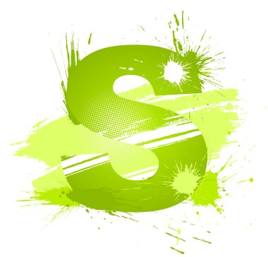 Green abstract paint splashes font. Letter S clipart