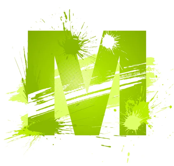 Зеленая абстрактная краска брызгает шрифт. Буква M — стоковый вектор