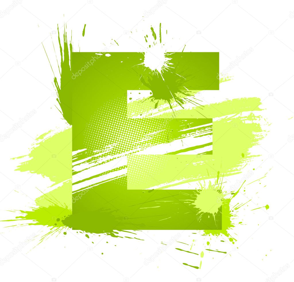 Green abstract paint splashes font. Letter E