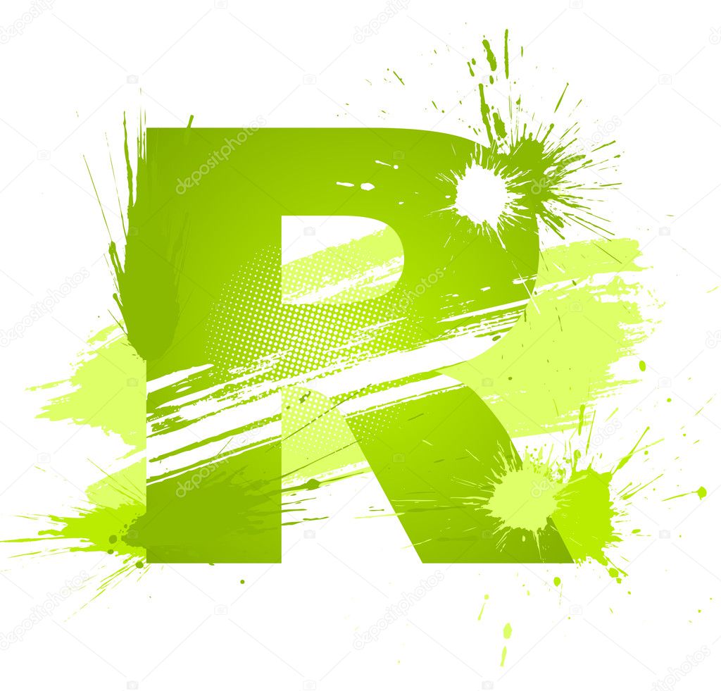 Green abstract paint splashes font. Letter R