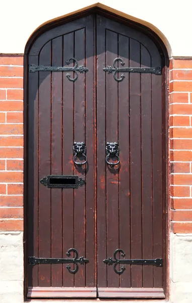 Pomo decorativo de la puerta de la cabeza del león dorado en la puerta de madera — Foto de Stock