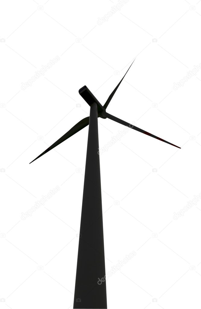 Silhouette of wind turbine over white