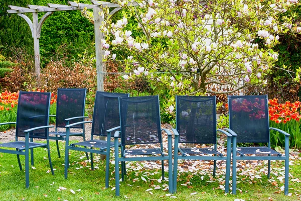Row of chairs in the spring garden — Stock Photo, Image