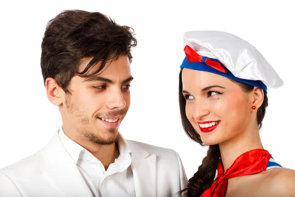 Young couple of beautiful sailor woman and captain — Stock Photo, Image