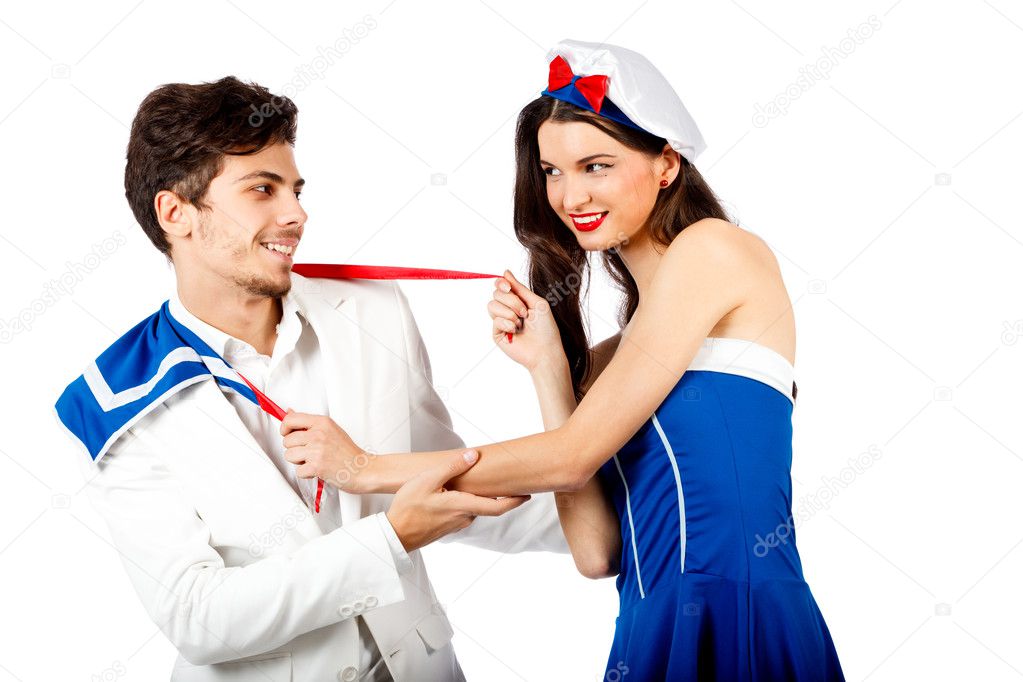 Joyful couple roleplay sailor uniform