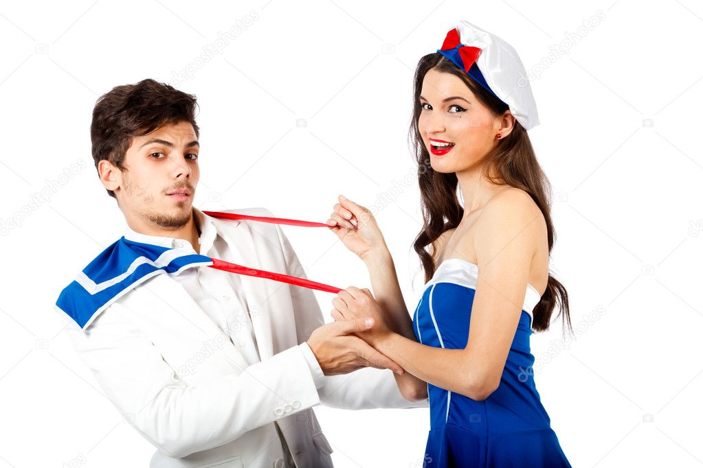 Sexy sailor woman seducing elegant young man