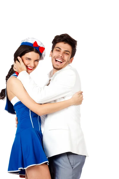 Happy couple laughing and enjoying sailor roleplay. — Stock Photo, Image