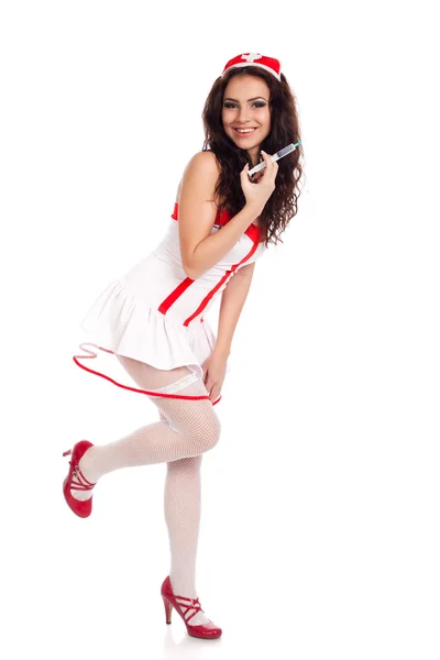 Felice infermiera sexy in possesso di una siringa — Foto Stock