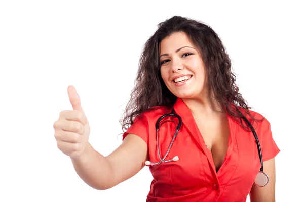 Enfermera feliz o médico mujer con el pulgar hacia arriba —  Fotos de Stock