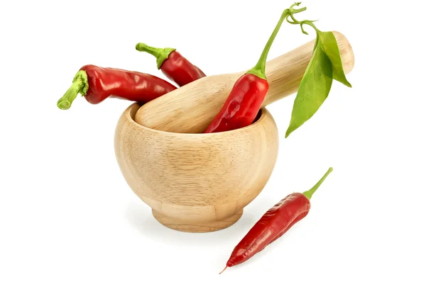 Fresh chili peppers in mortar — Stock Photo, Image
