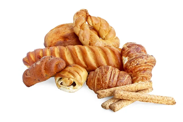 Pão branco e pãezinhos e paus de pão — Fotografia de Stock
