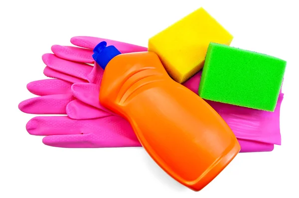 Butelka pomarańczowy gumowe rękawice i dwie gąbki — Zdjęcie stockowe