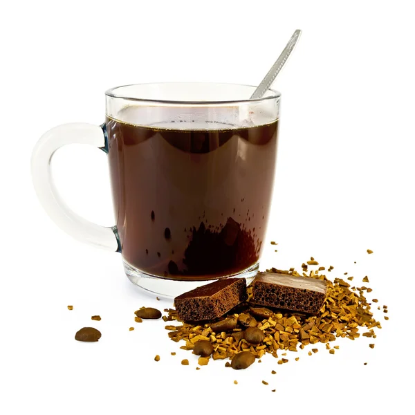 Coffee in a glass mug with chocolate — Stock Photo, Image