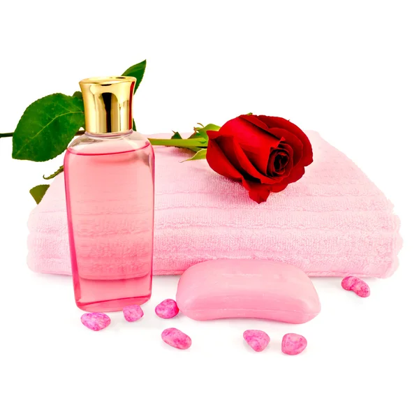 Shower gel with soap and a rose — Stock Photo, Image
