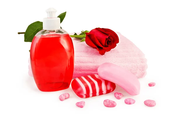 Tvål olika med handduk och ros — Stockfoto
