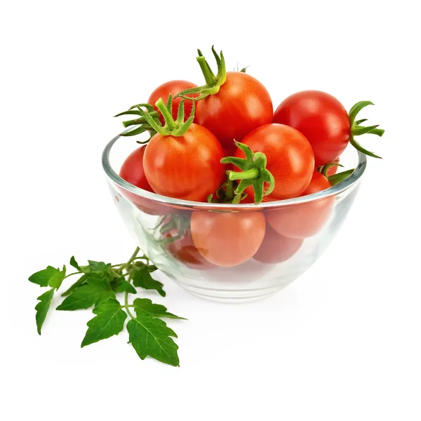 Tomates em recipiente de vidro com folha verde — Fotografia de Stock
