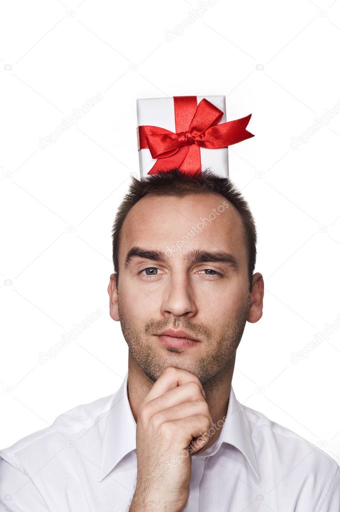 Man with a gift on his head