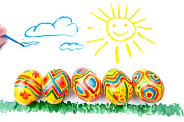 Child's picture by a water-colour: five easter eggs on a grass, clipart