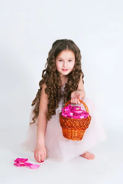 Menina elegante com pétalas de rosa na cesta — Fotografia de Stock