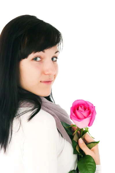 Romantiska flickan med en Rosa Ros — Stockfoto
